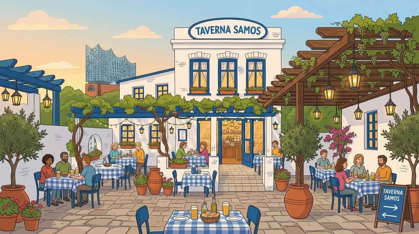 Biergarten der Taverna Samos Hamburg — Außenbereich unter Pergola