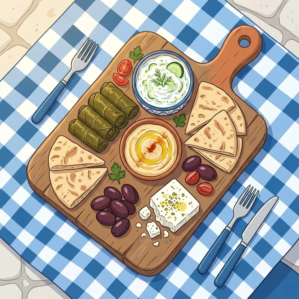 Griechische Mezze-Vorspeisenplatte mit Dolmades, Tzatziki und Feta in der Taverna Samos Hamburg